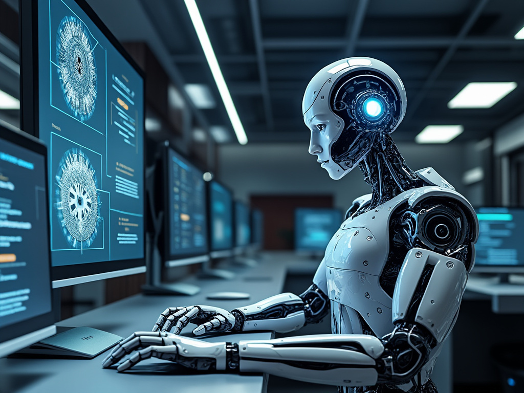 Robot humanoide de inteligencia artificial analizando datos biométricos en pantallas de laboratorio futurista