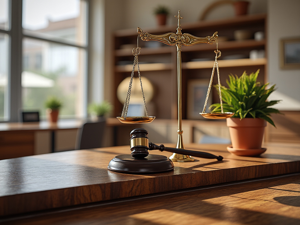 Oficina con balanza de justicia dorada, martillo de juez y plantas en maceta. Oficina con balanza de justicia dorada, martillo de juez y plantas en maceta.