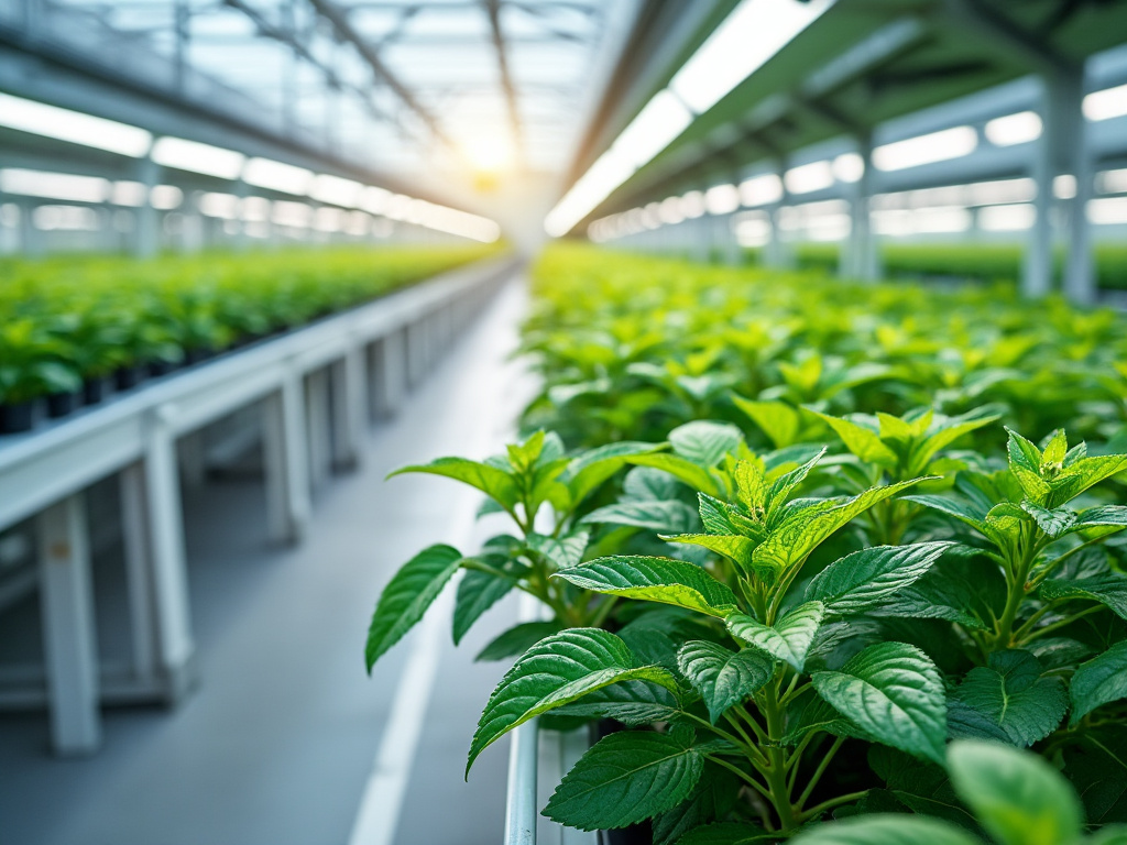 Plantas verdes creciendo en un invernadero moderno con luz solar al fondo.