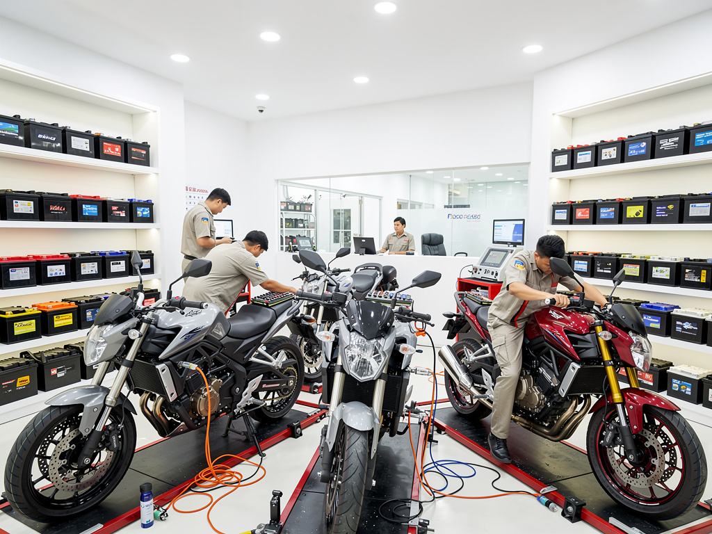 Técnicos revisan motocicletas en taller moderno con baterías automotrices en estanterías