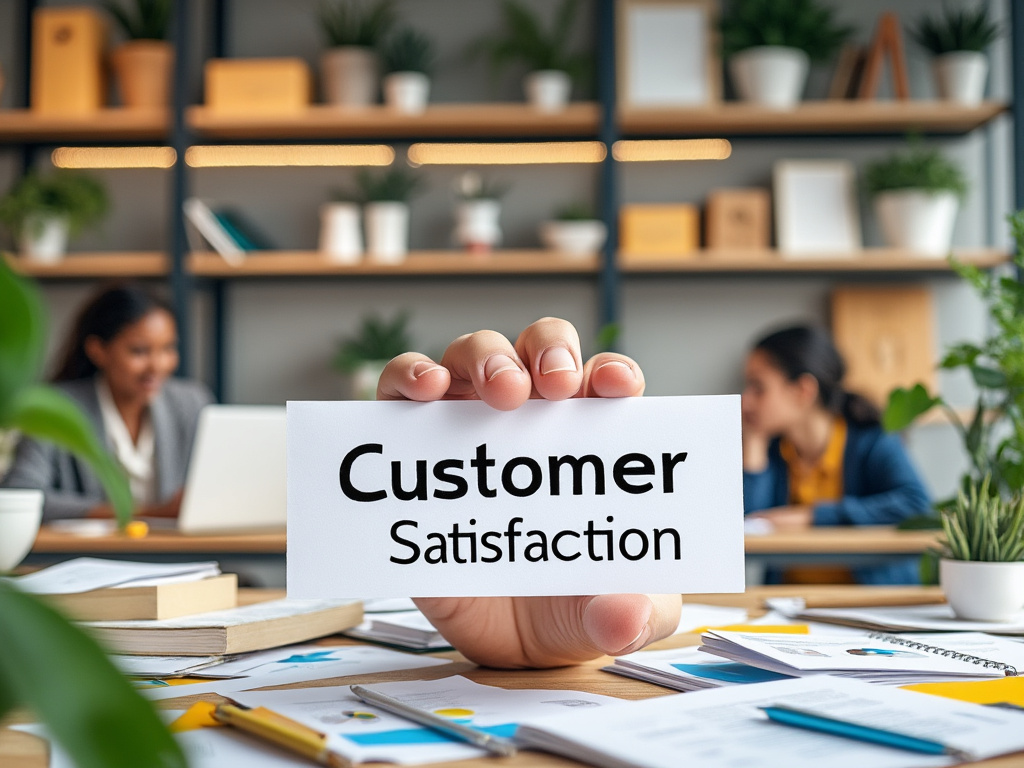 Mano sosteniendo un cartel que dice 'Customer Satisfaction' en una oficina moderna con dos personas trabajando de fondo.