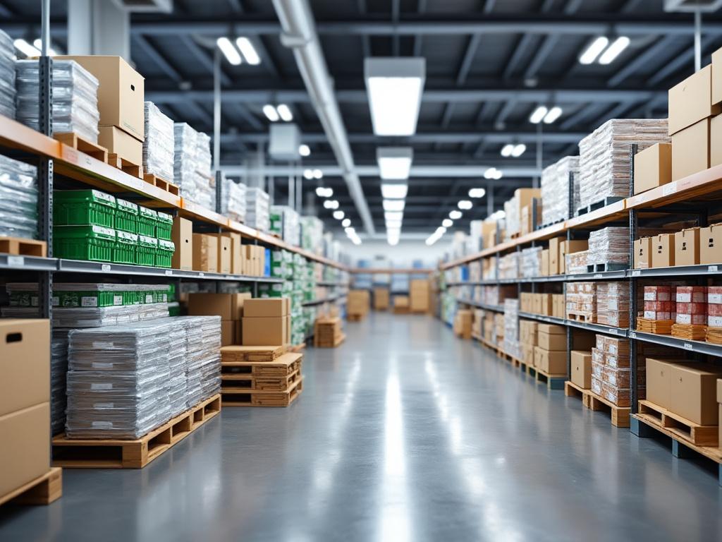 Almacén industrial con estantes llenos de cajas de cartón y productos organizados, iluminado con luz fluorescente.