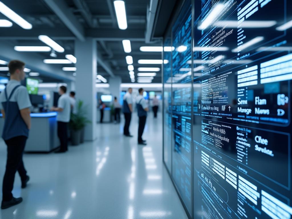 Oficina moderna con pantallas digitales y luz brillante, personas trabajando y estaciones de trabajo tecnológicas.