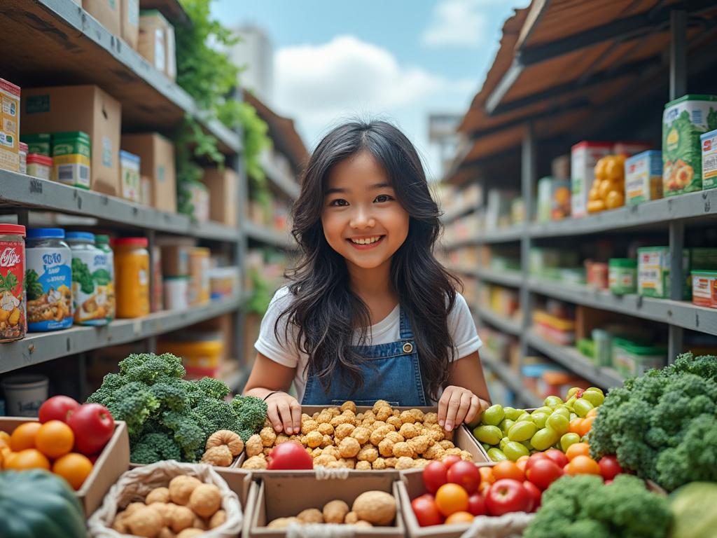 Niña sonriente en un mercado de productos frescos, rodeada de verduras y frutas.