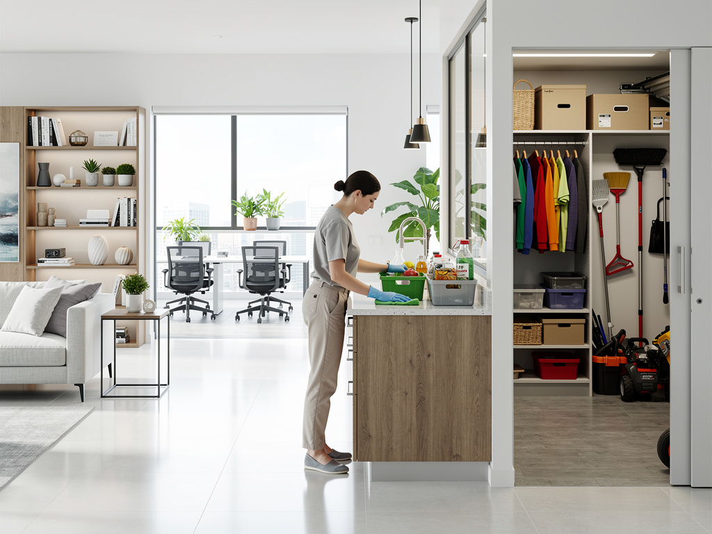 Woman organizing cleaning supplies in a modern home with office, living room, and storage closet Woman organizing cleaning supplies in a modern home with office, living room, and storage closet