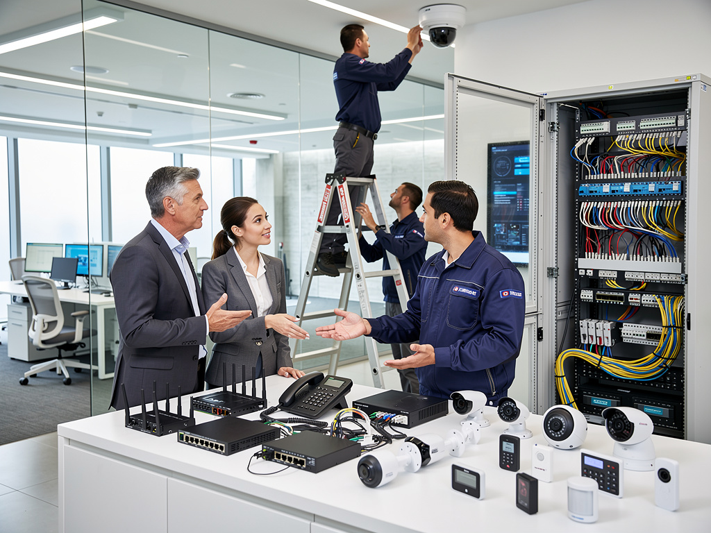 Técnicos instalando cámaras de seguridad y configurando red CCTV en oficina moderna con rack de servidores