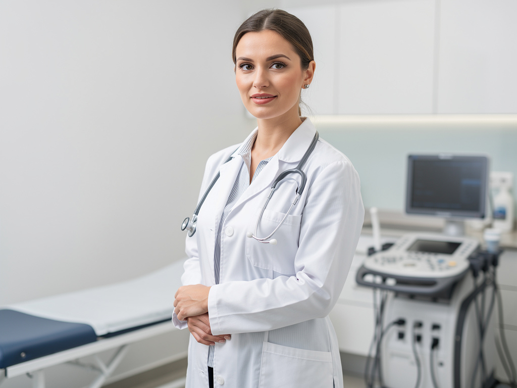 Médica con bata blanca y estetoscopio en consultorio moderno con equipo de ultrasonido