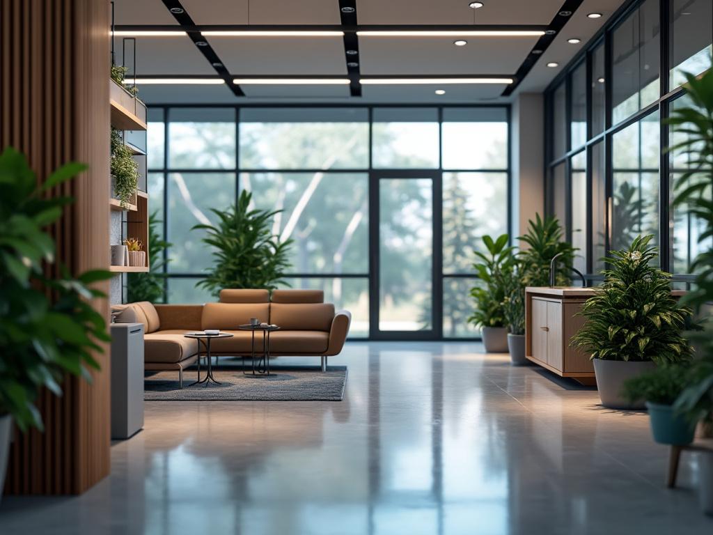 Sala de estar moderna con sofás beige, mesa de centro, plantas ornamentales y grandes ventanales de vidrio al fondo.