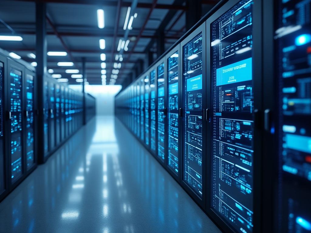 Modern data center aisle with illuminated server racks and computers.