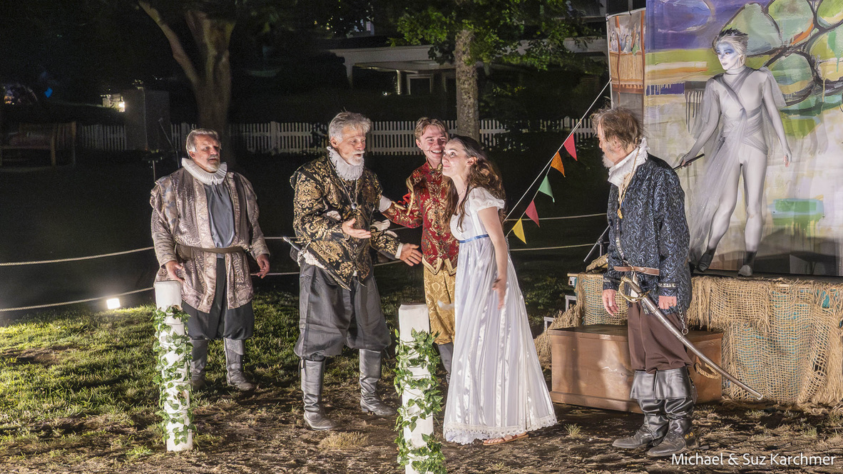 Scott Hamilton as Gonzolo, Larry Lickteig as Alonso, James Seufzer as Ferdinand, Bernadette Harding as Miranda, Bernard Cornwell as Prospereo