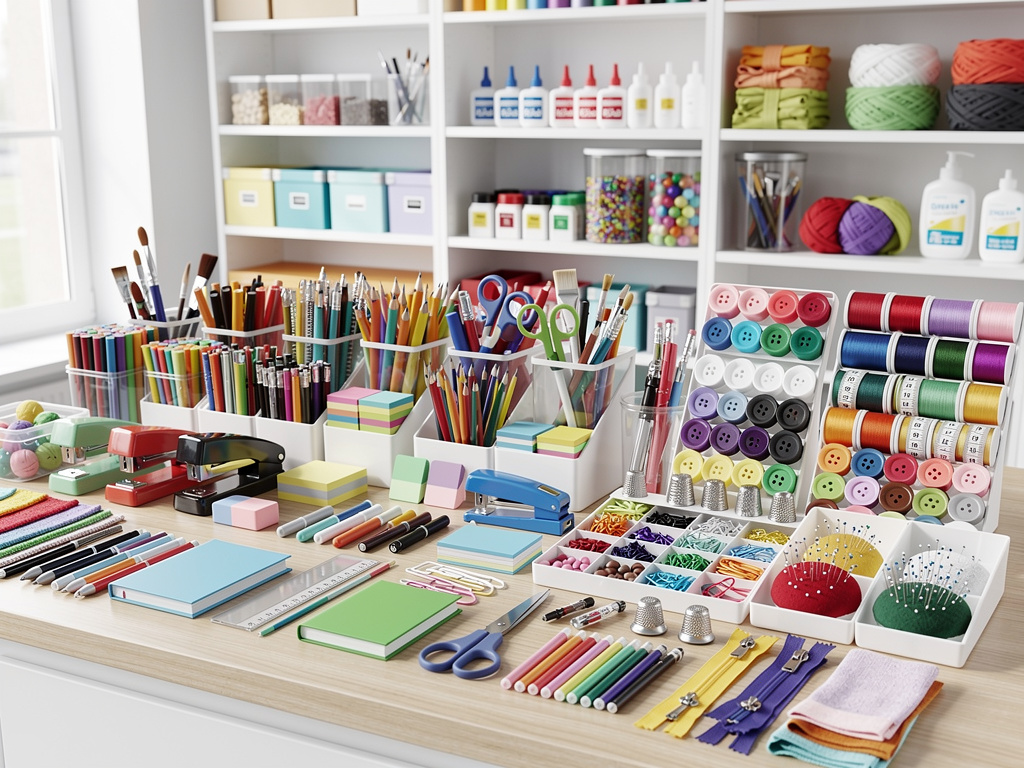 Materiales de papelería, costura y manualidades organizados en mesa y estanterías