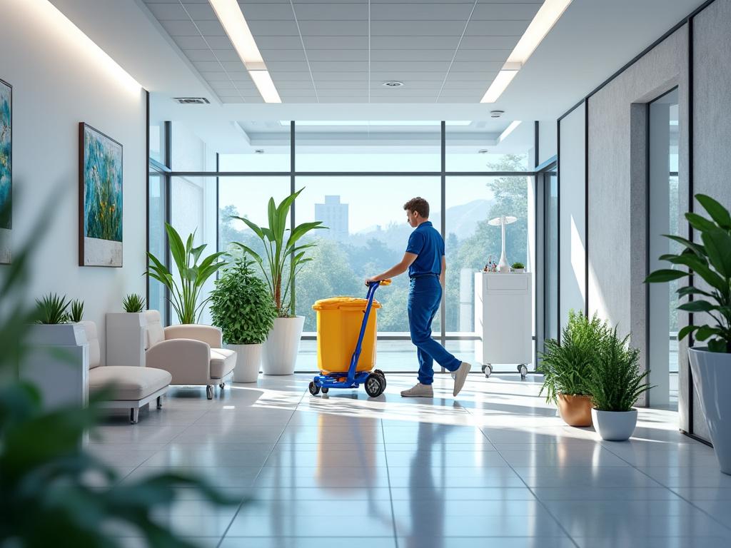 Pasillo de oficina moderno con grandes ventanales, plantas verdes y persona empujando un carrito de limpieza.
