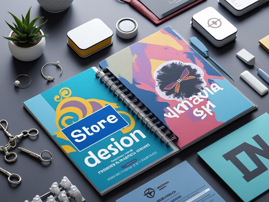 Material de papelería y diseño gráfico sobre una mesa, incluyendo libretas coloridas, llaveros y una planta.