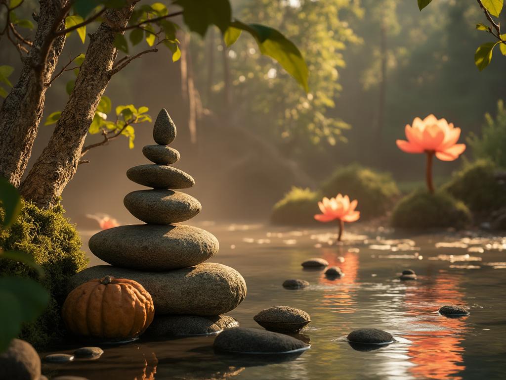 Rocas apiladas junto a una calabaza al borde de un estanque con flores de loto en un bosque iluminado por el sol.