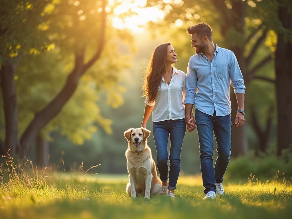 Couple walking with a golden retriever dog in a sunlit park with green trees.