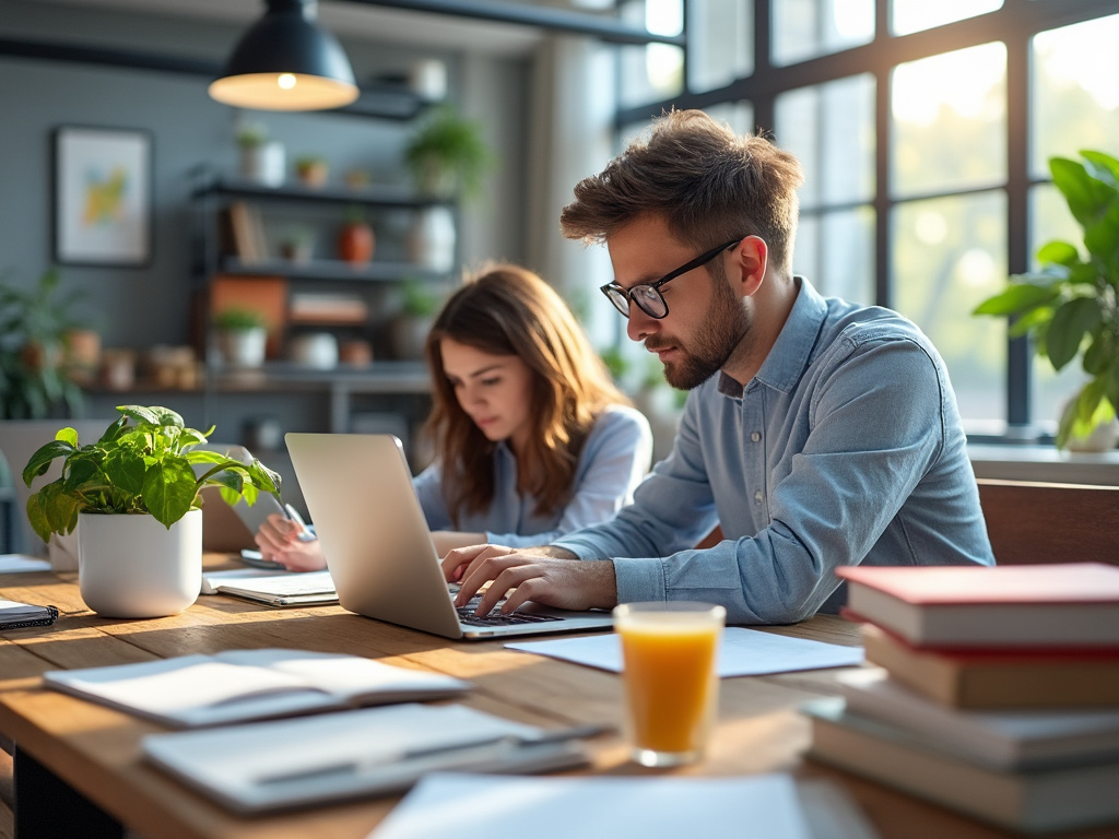 Dos personas trabajando en laptops en una oficina luminosa, con plantas y vasos de jugo en la mesa.