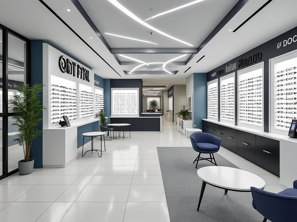 Interior moderno de una óptica con estanterías de gafas, sillas azules, decoración minimalista y luces en el techo.