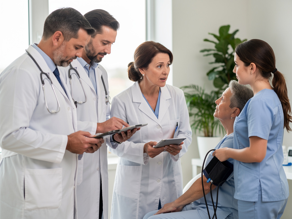 Equipo médico atendiendo a paciente mayor con toma de presión arterial en consulta clínica