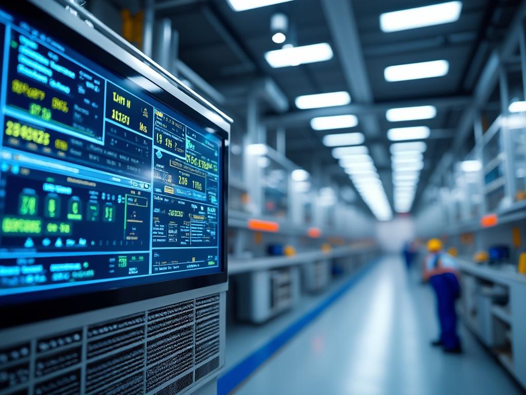 Pantalla de control con datos pendientes en una fábrica moderna, que muestra estadísticas y gráficos mientras un trabajador se ve al fondo.