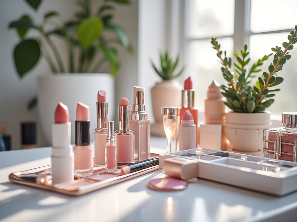 Assorted makeup products including lipsticks and skincare displayed on a white vanity with potted plants by a window.