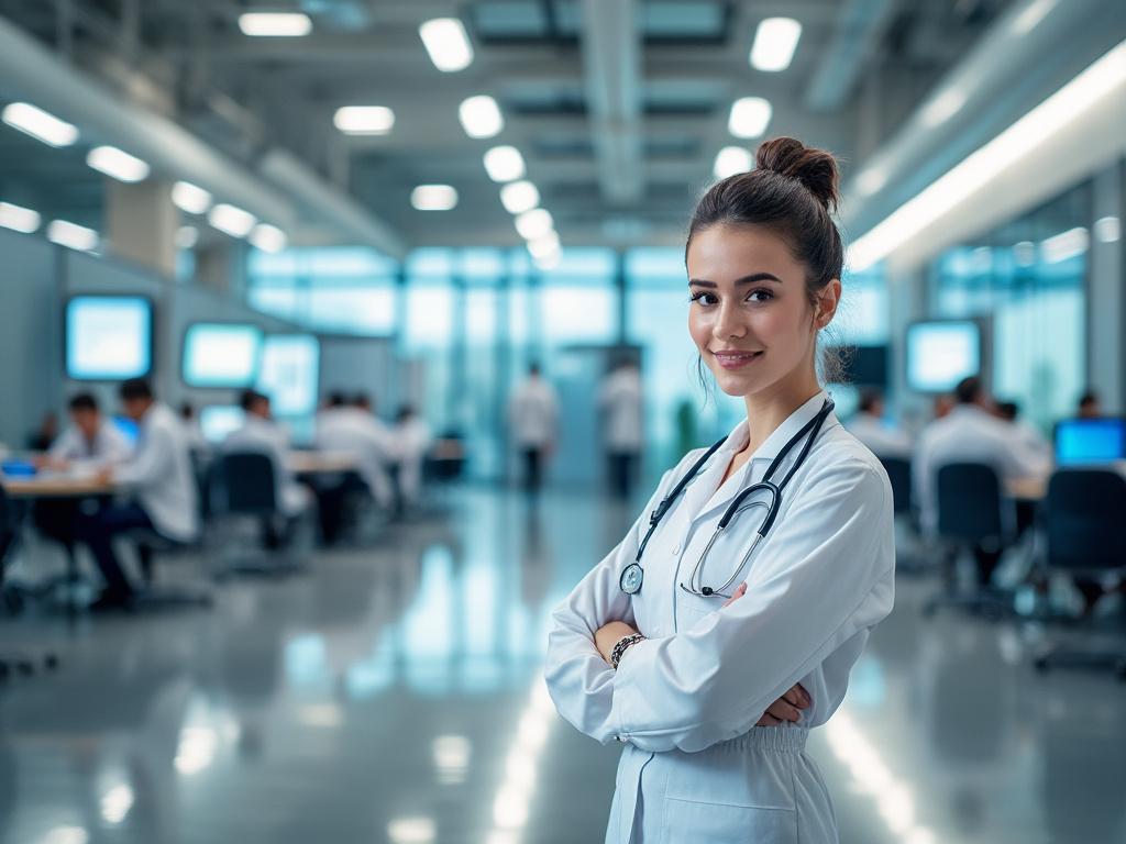 Doctora con estetoscopio en un entorno hospitalario moderno, con otros profesionales trabajando en segundo plano.