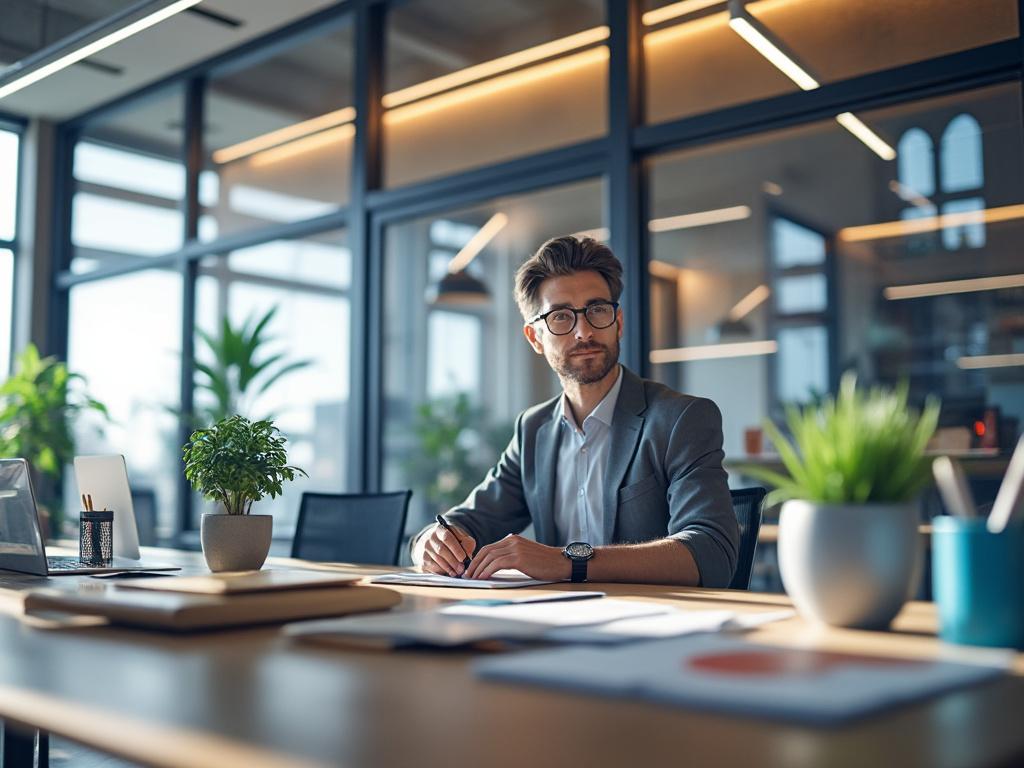 Hombre con gafas sentado en una oficina moderna con plantas y ordenador portátil en su escritorio.