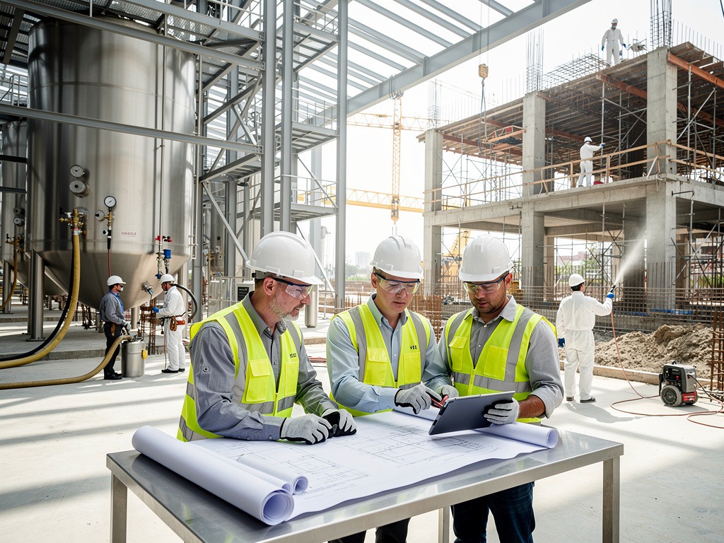 Ingenieros con casco y chaleco revisan planos y tablet en obra industrial con tanques, grúa y estructura en construcción