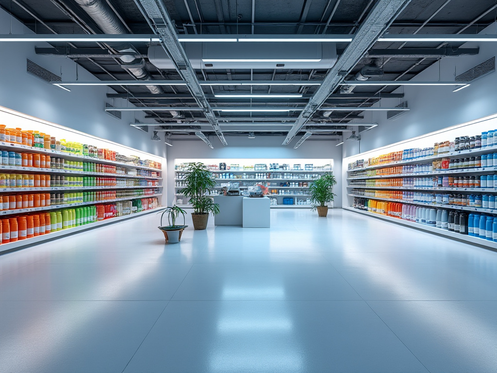 Tienda moderna de suplementos con estanterías llenas de productos y plantas decorativas, bajo iluminación industrial.