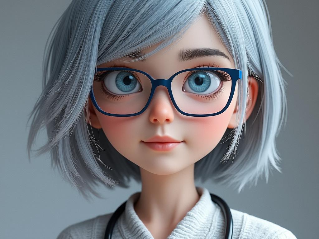 3D anime-style character with blue eyes, blue glasses, and gray hair, wearing a sweater with a stethoscope.