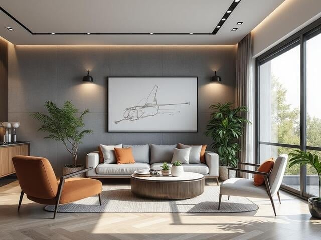 Sala de estar moderna con sofá gris, sillas naranjas, arte de pared de avión y plantas, iluminada por luz natural de grandes ventanales.
Sala de estar moderna con sofá gris, sillas naranjas, arte de pared de avión y plantas, iluminada por luz natural de grandes ventanales.