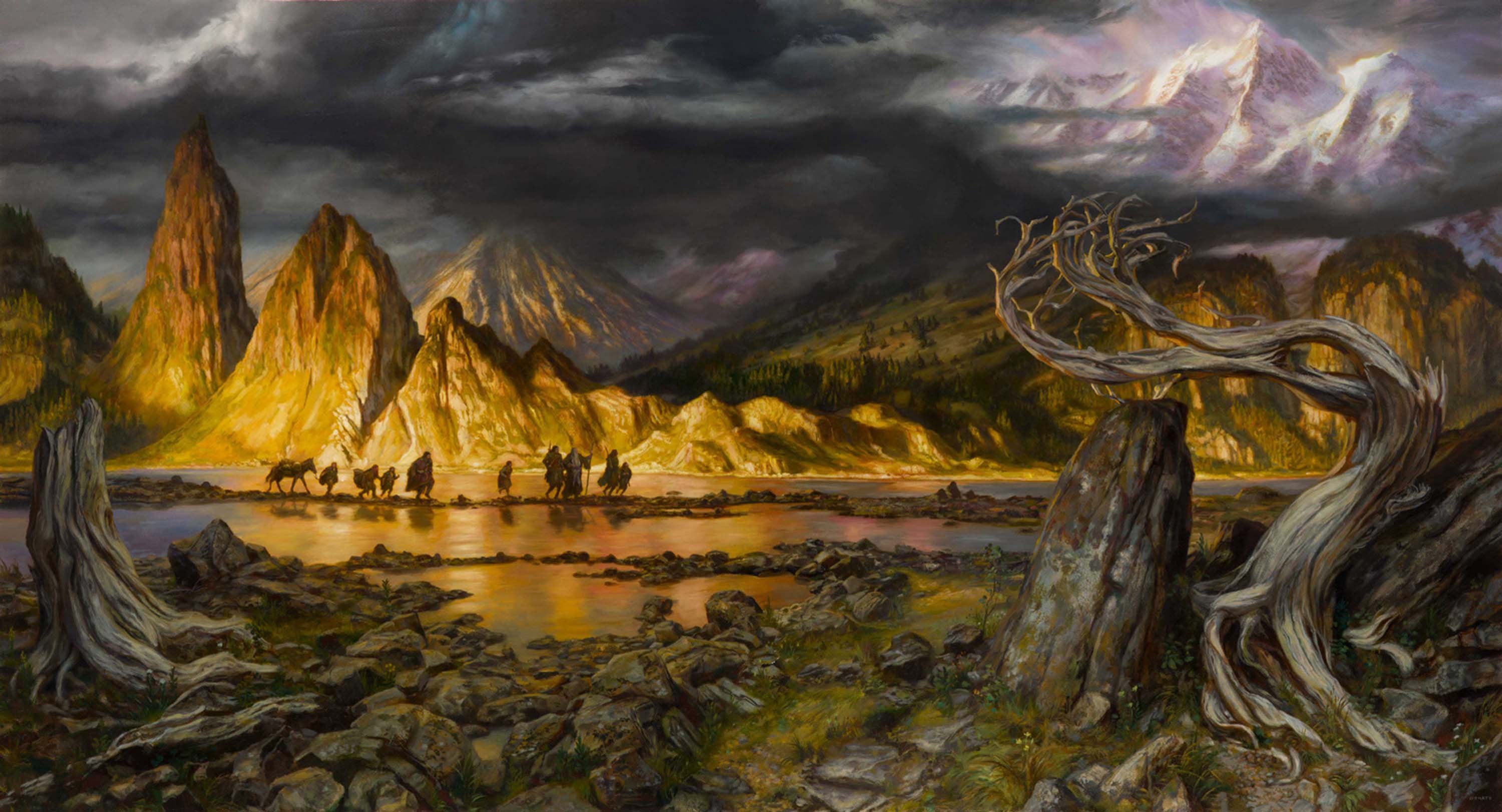 The Fellowship in Hollin
35" x 66"  Oil on Panel 2017
'only the stones remember the elves now.'
private collection