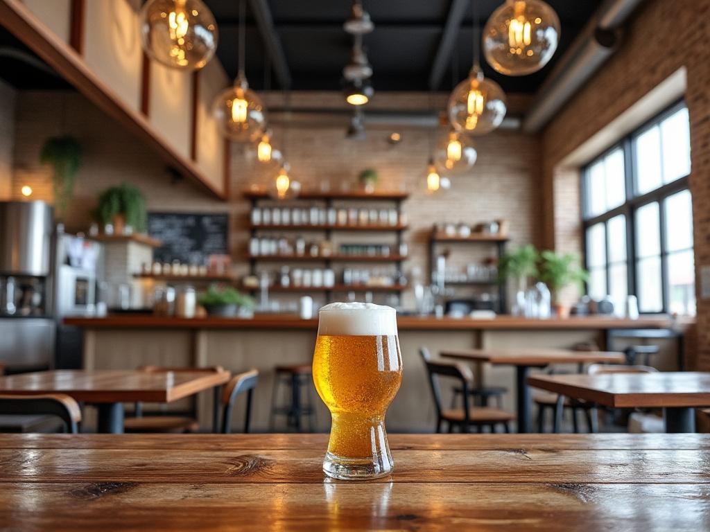 Vaso de cerveza en una mesa de madera dentro de una cafetería moderna y acogedora, con iluminación cálida y estanterías en el fondo.