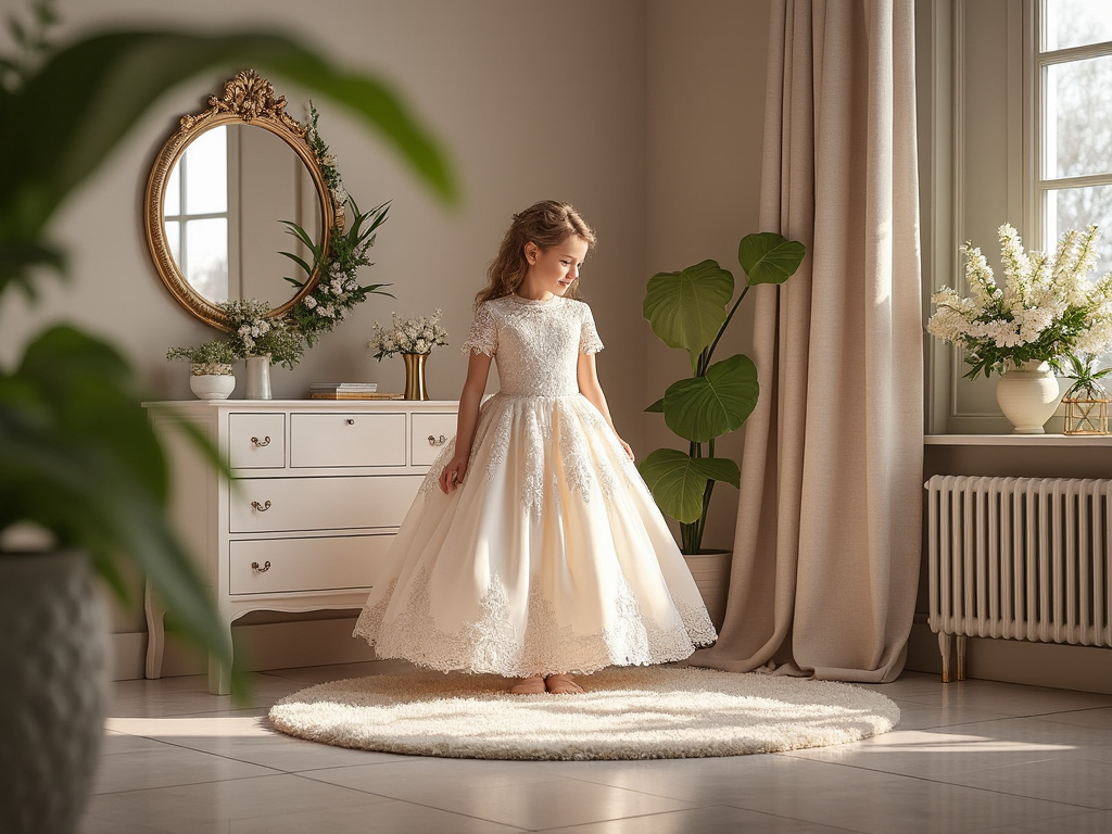 Niña con vestido de encaje blanco en una habitación elegante con espejo dorado, plantas y cortinas de lino.