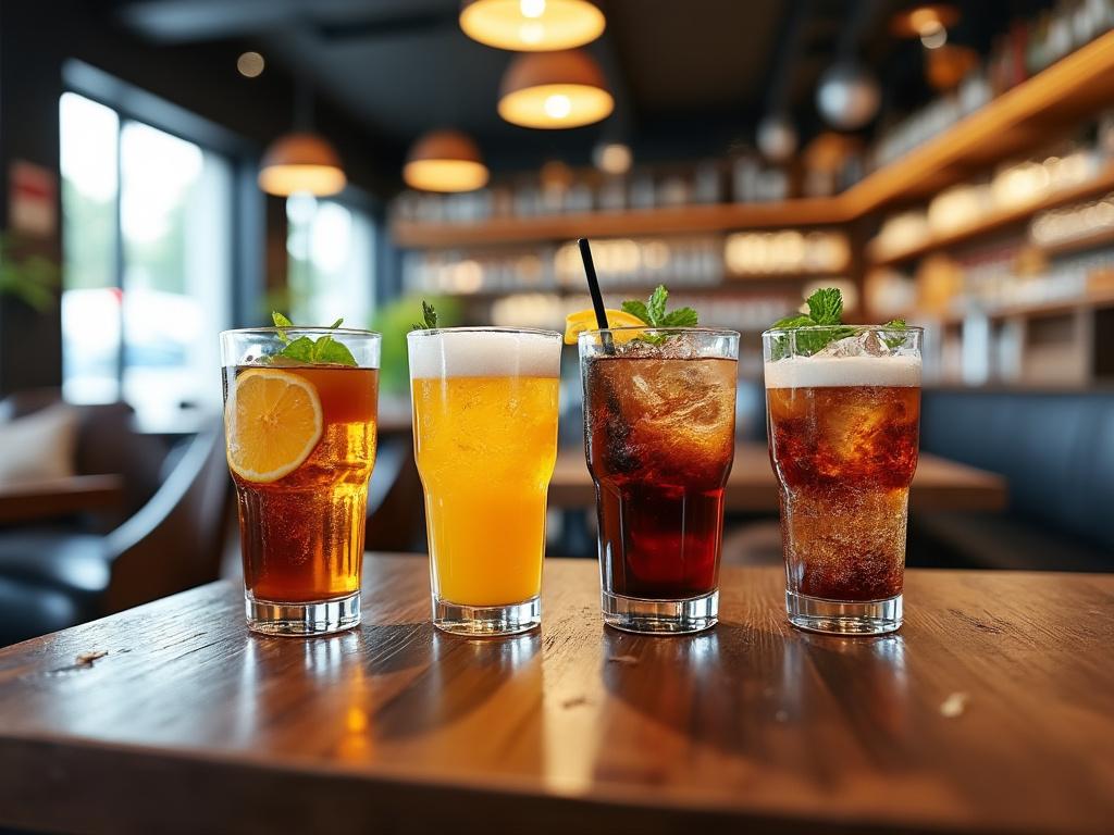 Cuatro vasos de cócteles variados en una mesa de madera en un bar moderno, decorados con rodajas de limón y menta. Cuatro vasos de cócteles variados en una mesa de madera en un bar moderno, decorados con rodajas de limón y menta.