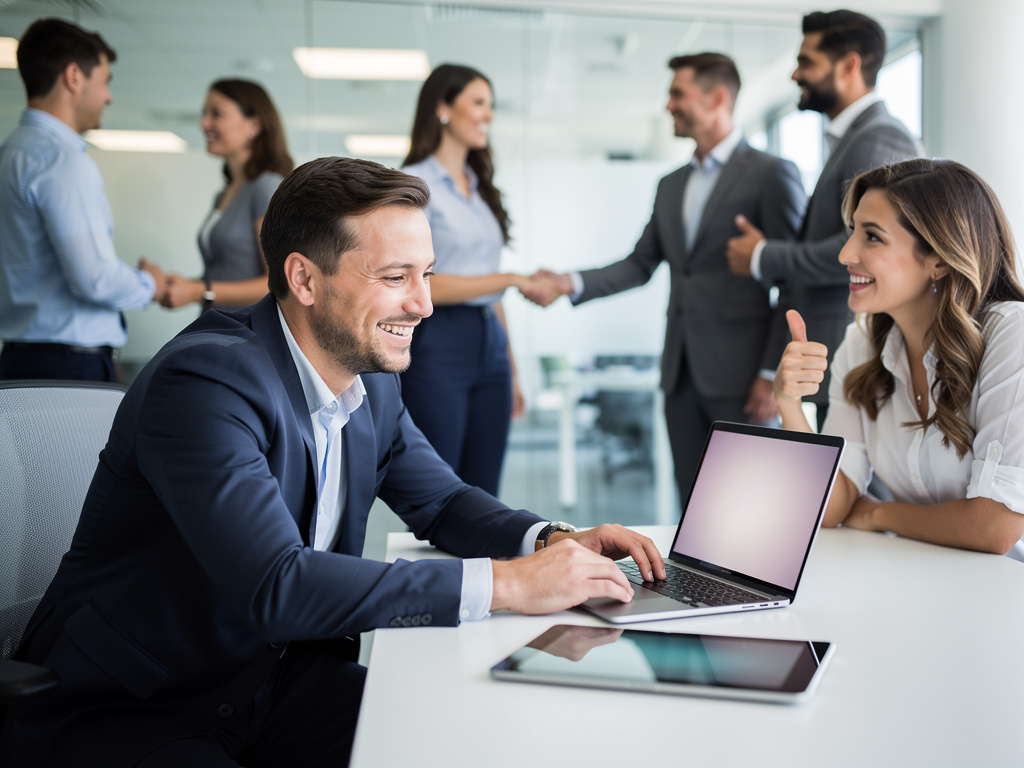 Business professionals collaborating in modern office, smiling at laptop during meeting with handshakes in background
