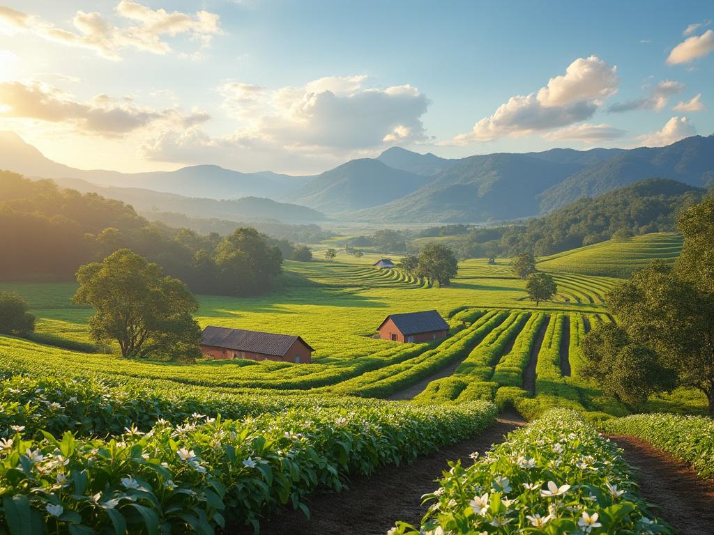 Vista panorámica de un campo agrícola verde en colinas al atardecer, con pequeñas casas rojizas y montañas en el fondo.