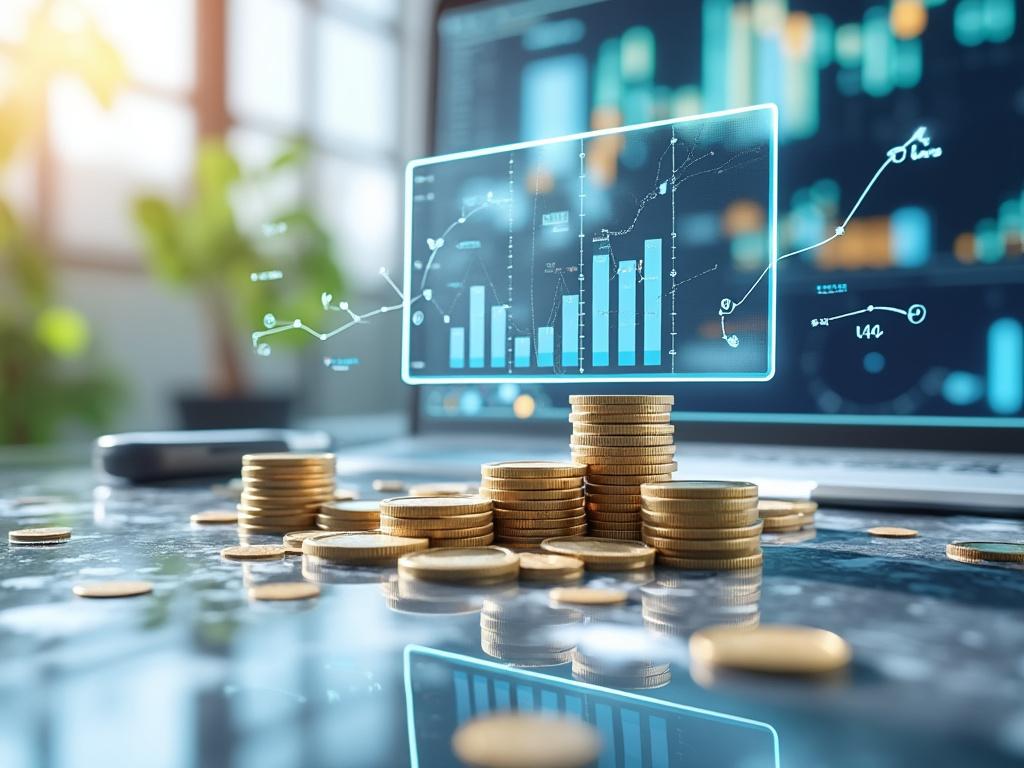 Monedas apiladas frente a gráficos financieros en una pantalla digital.