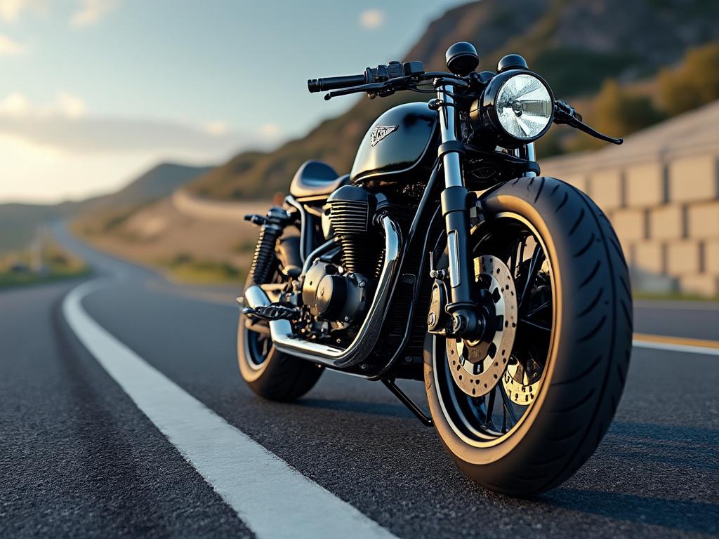 Motocicleta negra estilo café racer en carretera al atardecer, con paisaje montañoso de fondo.