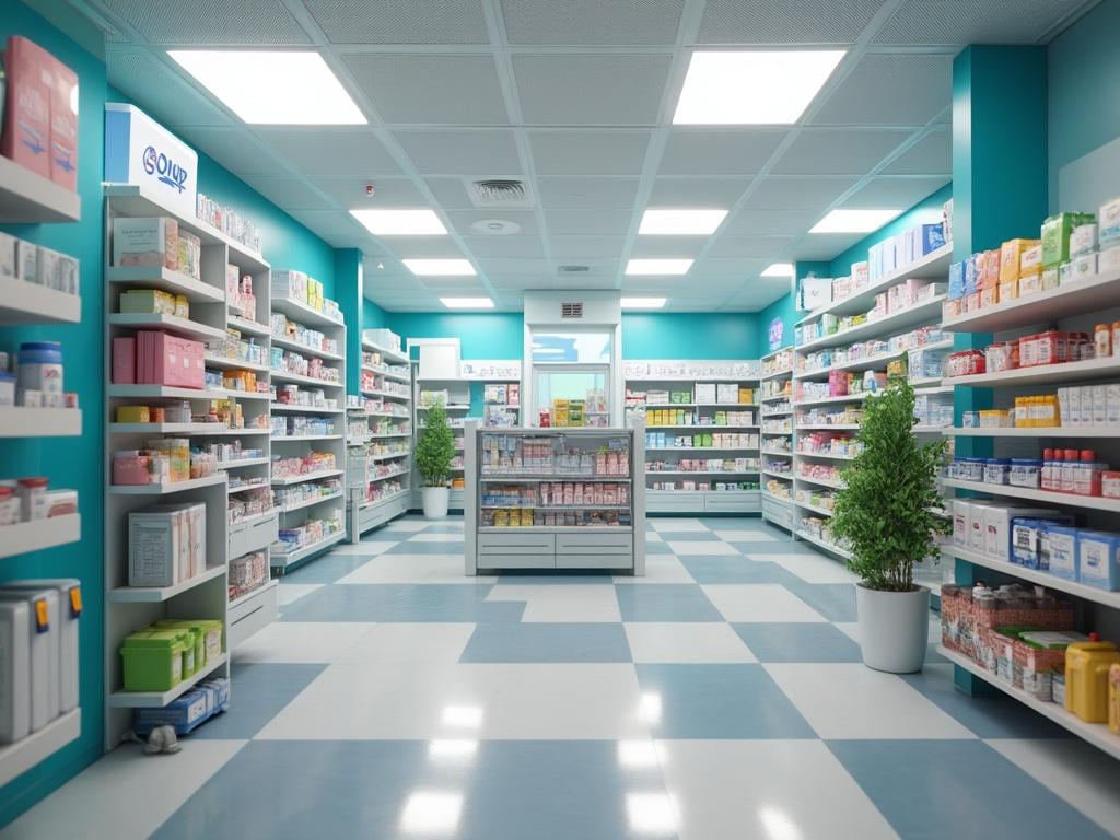Interior de una farmacia moderna con estantes llenos de productos médicos y farmacéuticos, suelo de baldosas cuadriculadas y decoración en tonos turquesa.