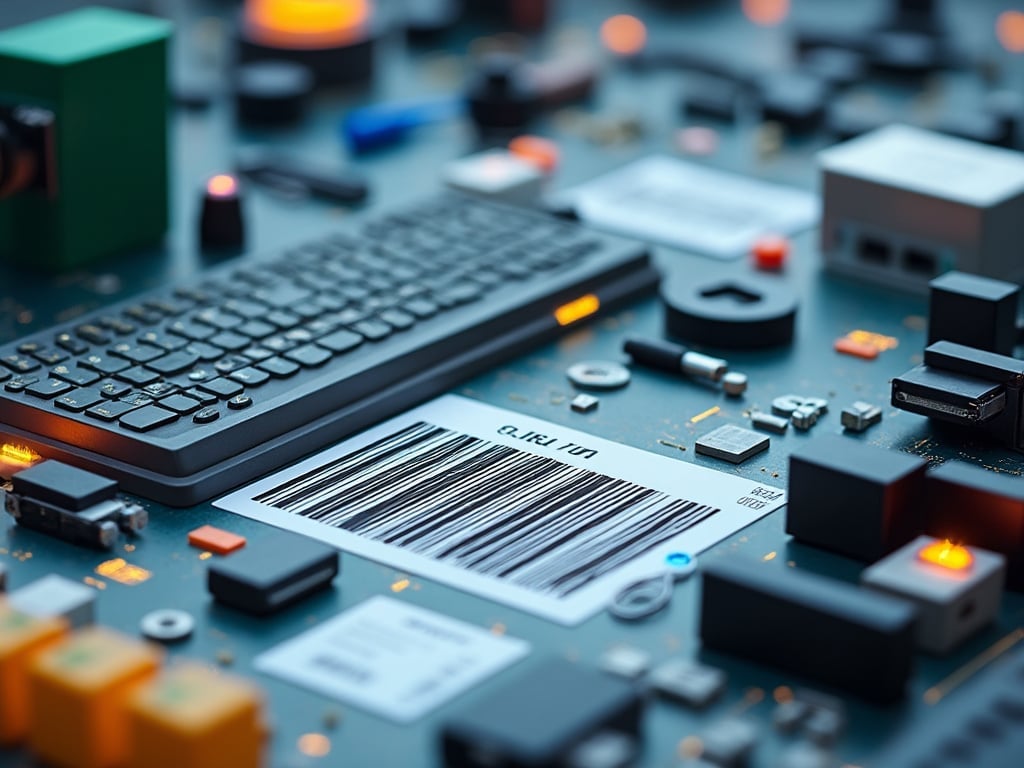 Close-up of printed circuit board with keyboard keys, barcode, and various electronic components.