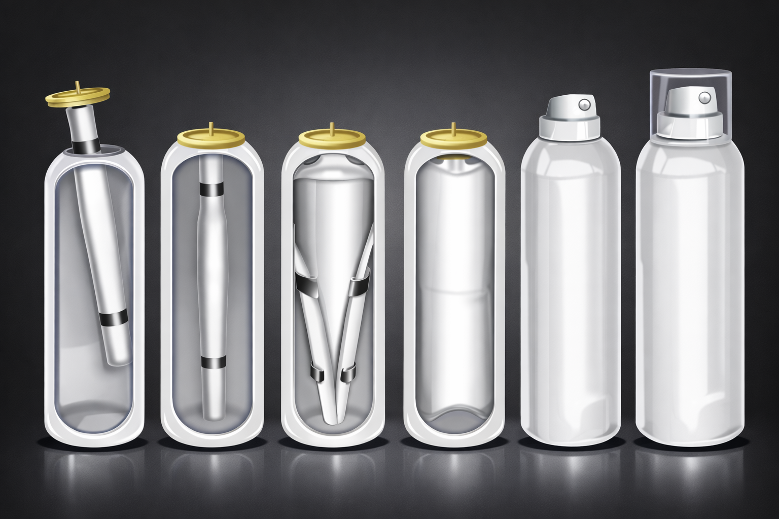Various white cosmetic bottles and tubes with gold caps, arranged against a dark background.