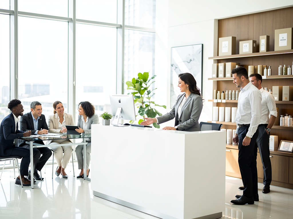 Equipo profesional en recepción moderna con productos cosméticos y reunión de negocios en oficina luminosa