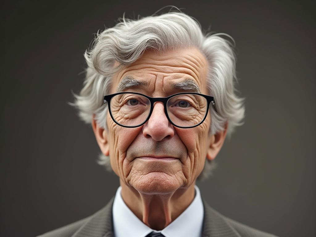 Elderly man with white hair and glasses in a suit, smiling slightly against a neutral background.
