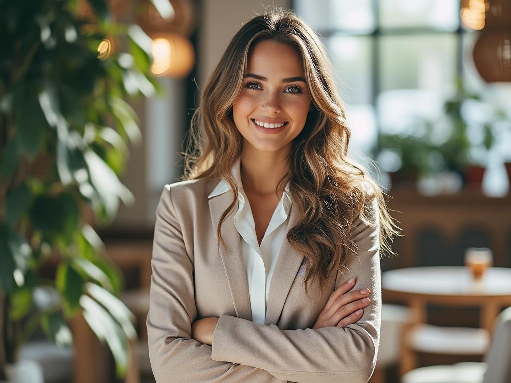 Smiling woman in a beige blazer standing in a bright, modern cafe with plants.