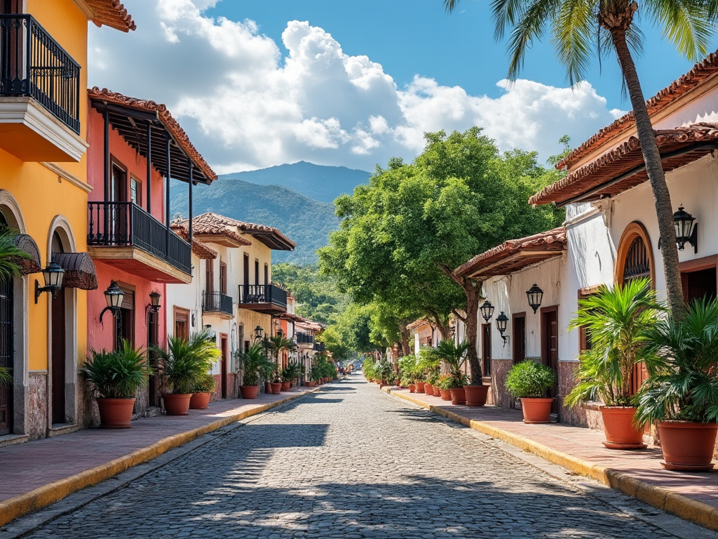 Calle empedrada con casas de colores, árboles y palmeras bajo un cielo azul con montañas al fondo.