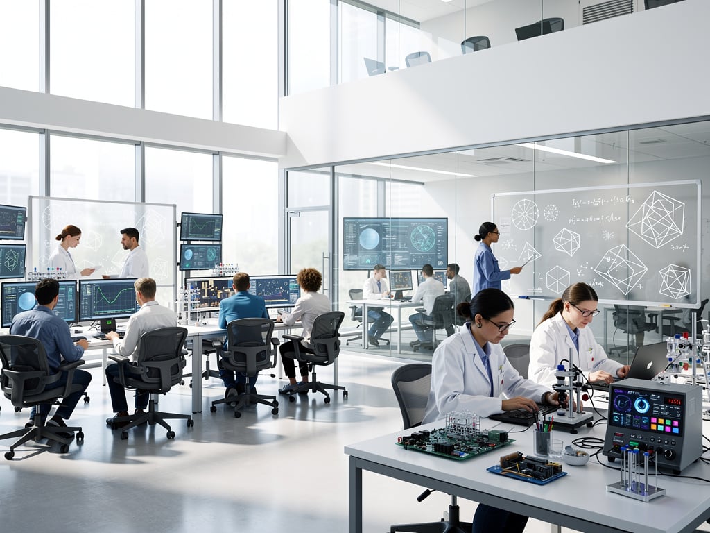 Modern high-tech research laboratory with scientists analyzing data on computers, electronics equipment, and glass whiteboards with mathematical diagrams