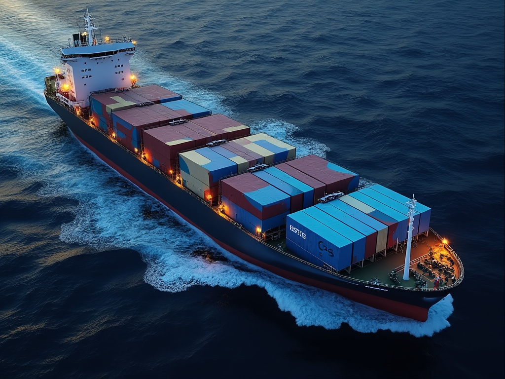 Aerial view of a container cargo ship sailing through dark ocean waters at dusk with colorful shipping containers on deck
