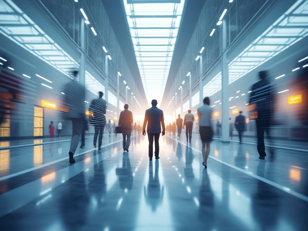 Personas caminando en un pasillo moderno iluminado, ambiente corporativo con luz del sol al fondo.