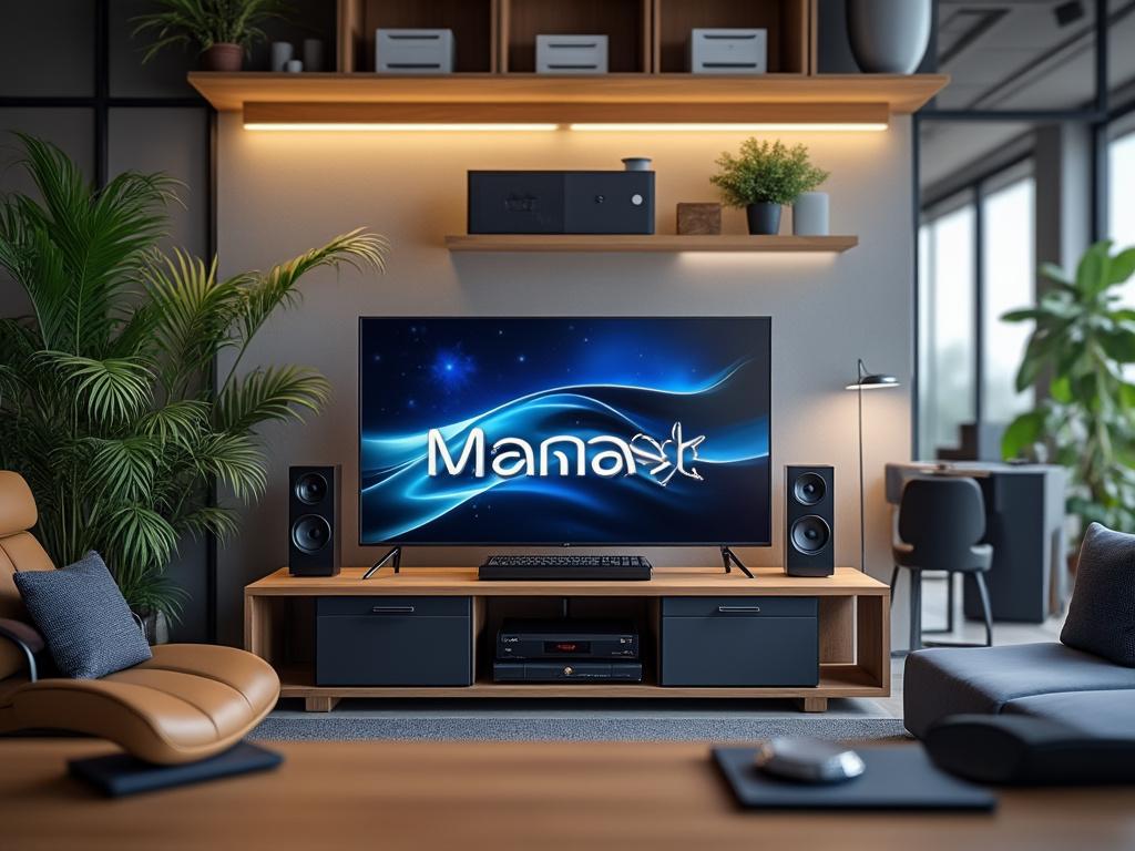Sala moderna con televisión encendida mostrando el logo de 'Mana3', plantas decorativas y muebles elegantes.