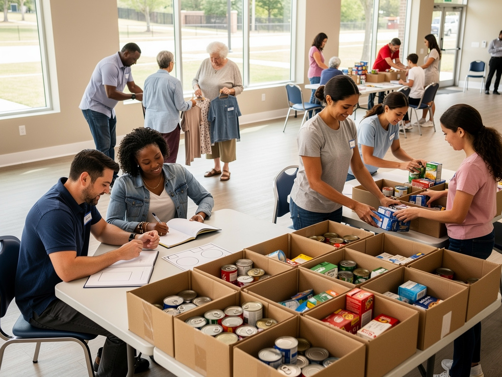 Volunteers sorting canned goods and clothing donations at a community food bank distribution center